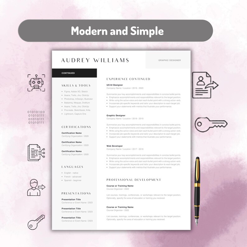 Op de afbeelding: Een cv-sjabloon getiteld Audrey Williams Graphic Designer met een tweekoloms lay-out met secties voor vaardigheden, tools, certificeringen, talen, presentaties, ervaring en professionele ontwikkeling, vergezeld van een zwart-gouden pen.