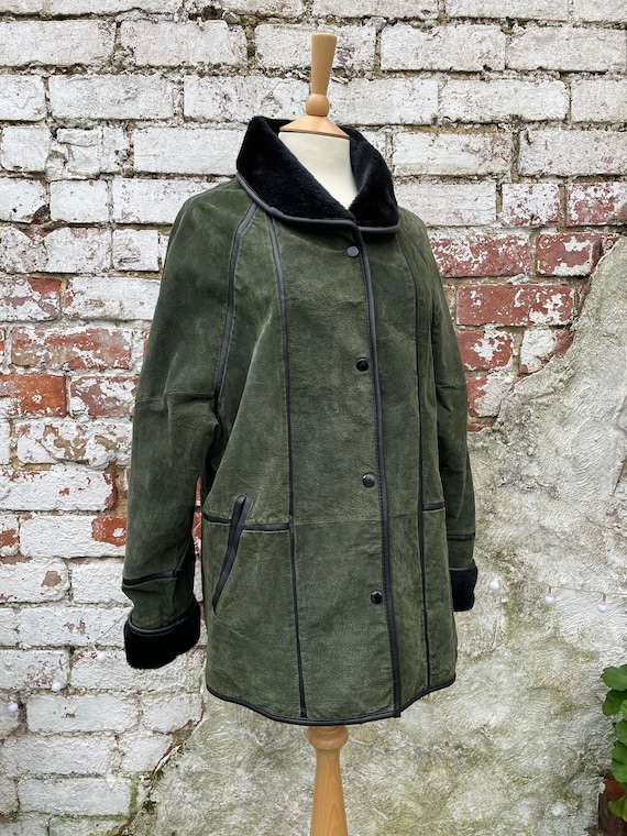 Vintage Forest Green Suede Leather Coat Jacket wi… - image 5