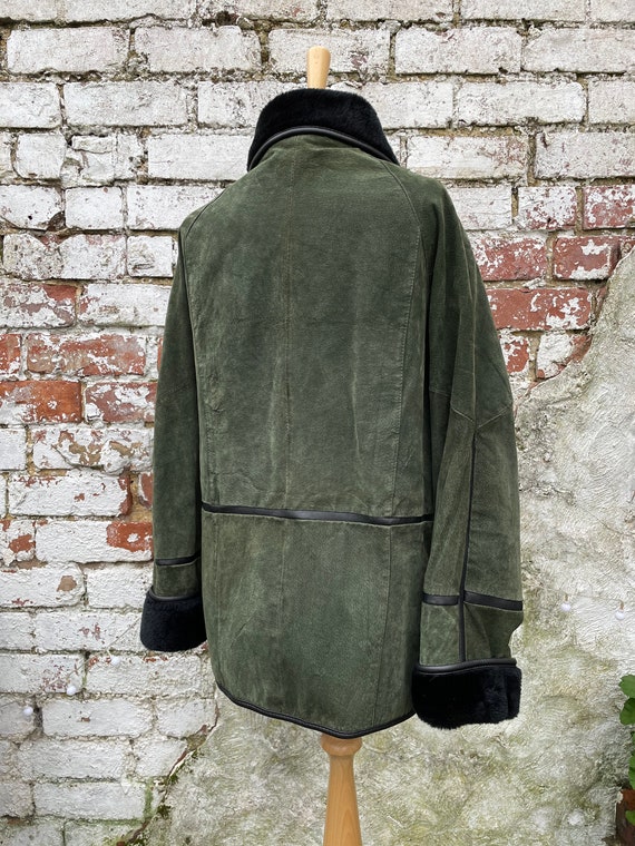 Vintage Forest Green Suede Leather Coat Jacket wi… - image 4