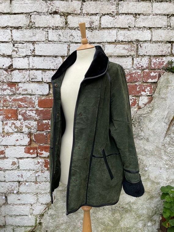 Vintage Forest Green Suede Leather Coat Jacket wi… - image 9