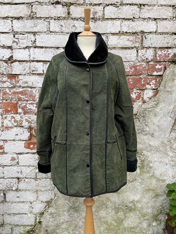 Vintage Forest Green Suede Leather Coat Jacket wi… - image 2