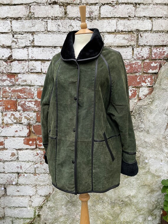 Vintage Forest Green Suede Leather Coat Jacket wi… - image 6
