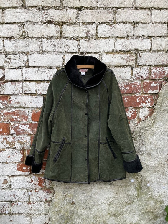 Vintage Forest Green Suede Leather Coat Jacket wi… - image 1