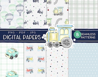Digitale download naadloos patroon, babyjongen, transportthema, 12 x 12 inch, pdf, png, jpg-indeling, jongenstrein, vliegtuigen, vrachtwagens