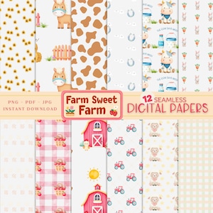 Könnte beinhalten: Eine Sammlung von 12 nahtlosen digitalen Papieren mit Bauernhof-Thema. Die Designs umfassen Sonnenblumen, Pferde, Kuhmuster, Kühe, Kaninchen, Scheunen, Traktoren und Schafe. Der Text "Farm Sweet Farm" ist auf einem rosa Schild zu sehen.