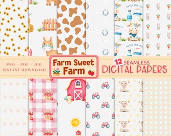 Farm Theme Seamless Patterns, Digital Papers, Cow Horse Tractor, Farm Animals, Scrapbooking Paper, Instant Download