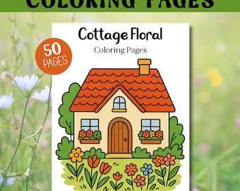 Easy Floral Cottage kleurplaten, direct downloaden, lente natuur kleurenboek, digitale kleurplaten, pdf-printables