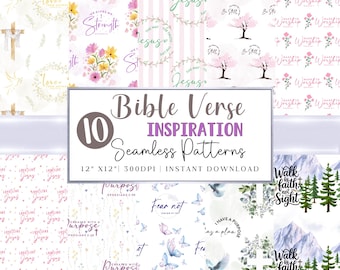 BIBLE VERSE Inspiration Seamless Patterns, 10 Digital Sheets, Instant Download, Printable Christian Backgrounds, Scrapbooking, Faith Verses