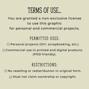 May include: A cream-coloured graphic detailing the terms of use. Text includes "TERMS OF USE..." and information on permitted uses for personal and commercial projects, plus restrictions. Bullet points are included.