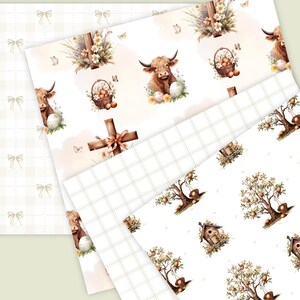 May include: A selection of patterned papers with watercolour illustrations. Designs include a Highland cow with Easter eggs, a cross with floral accents, a basket of eggs, and a tree with a birdhouse. The colour palette is soft with beige, brown, and green.