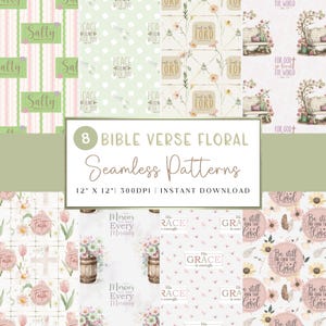 May include: A collection of eight seamless patterns with floral and Bible verse themes. The patterns feature various designs, including stripes, polka dots, and floral arrangements, with text such as "Salty", "Peace", and "Trust in the Lord". The patterns are 12" x 12" and 300 DPI.