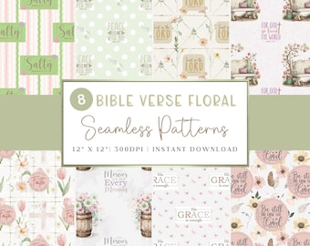 Naadloos schriftpatroon, ontwerp herhalen bijbelvers, Faith Digital Papers, 12 x 12 inch, direct downloaden, bloemen