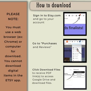 May include: A guide on how to download digital items from Etsy. The image includes text instructions, screenshots, and a reminder to use a web browser or computer for downloads, not the Etsy app.