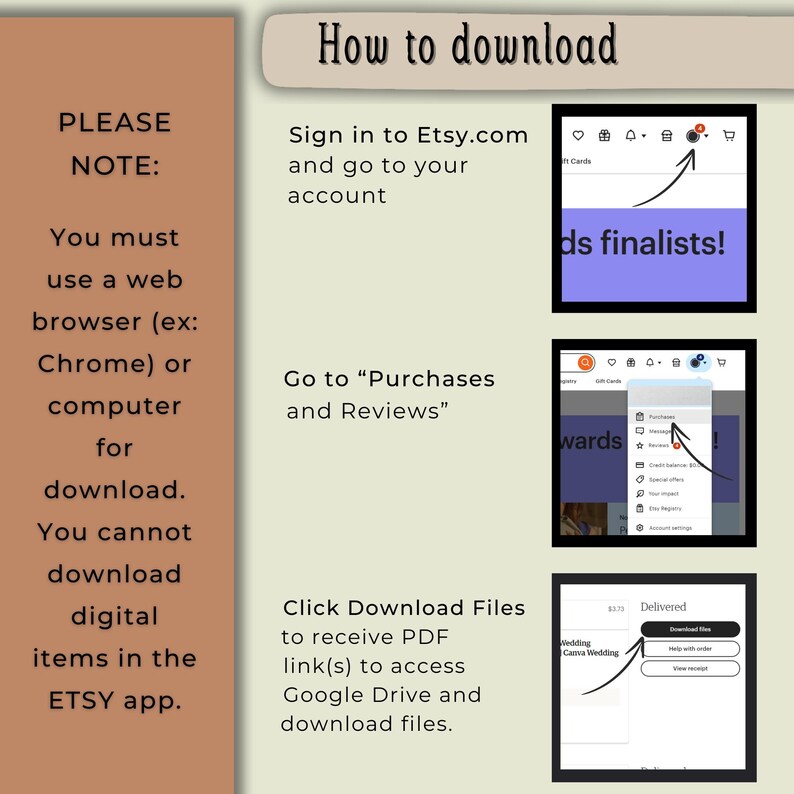 May include: A guide on how to download digital items from Etsy. The image includes text instructions, screenshots, and a reminder to use a web browser or computer for downloads, not the Etsy app.