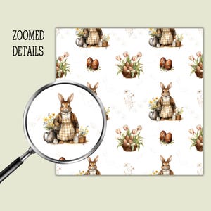 May include: Watercolor Easter pattern with repeating images of a bunny in an apron, baskets of tulips, and brown Easter eggs. The words "ZOOMED DETAILS" are in the upper left corner.
