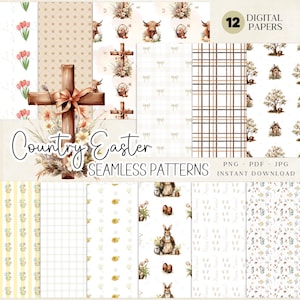 May include: A set of 12 digital papers with a Country Easter theme. Designs include crosses, floral arrangements, bunnies, and plaid patterns. The words "Country Easter" and "Seamless Patterns" are displayed in the image.