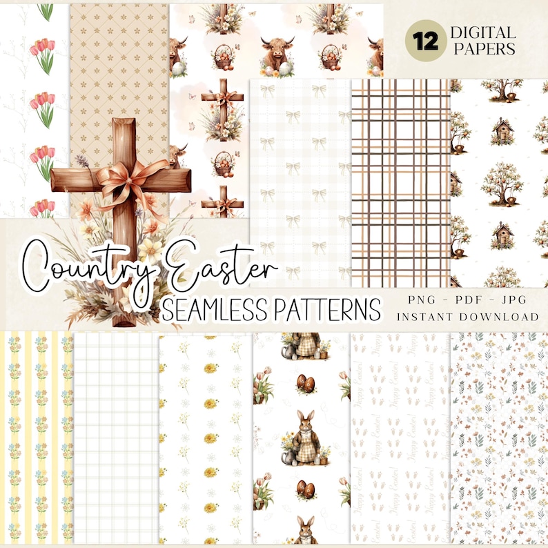 May include: A set of 12 digital papers with a Country Easter theme. Designs include crosses, floral arrangements, bunnies, and plaid patterns. The words "Country Easter" and "Seamless Patterns" are displayed in the image.