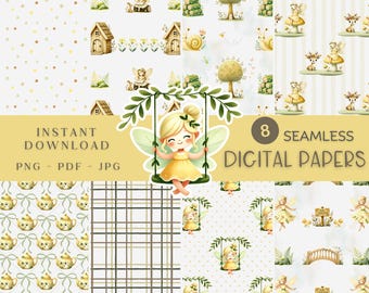 Naadloze bosfeepatronen, 8 digitale herhalingspatronen, afdrukbaar papier, direct downloaden, feeën, paddestoelen, plakboekpapier