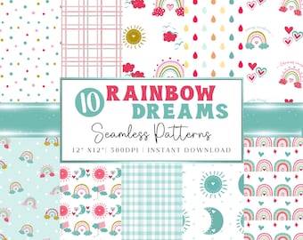 Naadloos patroon Rainbow Dreams, 12 x 12 digitaal papier, scrapbooking, DIY, knutselen, regenboog, maan, zon, sterren en harten