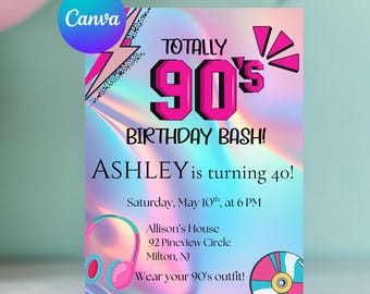 Uitnodiging jaren 90 verjaardagsfeestje, digitale retro-feestuitnodiging, bewerkbaar in canvas, direct downloaden