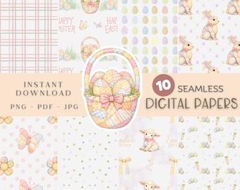 Naadloos paaspatroon in quiltstijl, patchwork digitaal herhalingsontwerp, konijn, eieren, direct downloaden, scrapbookingpapier