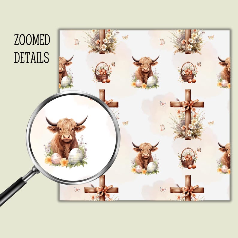 May include: A repeating pattern featuring watercolour illustrations of Highland cows, Easter eggs, wooden crosses, and floral arrangements. The design includes butterflies and a soft, neutral colour palette, creating a pastoral theme.