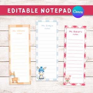 May include: Three rectangular notepads with lined pages. The notepads have different patterned borders in orange, blue, and red. Each notepad features a different animal illustration: a horse, a donkey, and a pig. The text "EDITABLE NOTEPAD" is at the top.