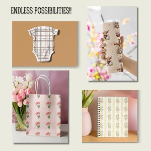 May include: The image displays several items with decorative patterns. A baby onesie with a plaid design, a tumbler with a cow and floral pattern, a shopping bag with tulip pattern, and a spiral notebook with a floral design. Text reads "ENDLESS POSSIBILITIES!!"