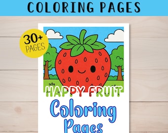 Moedig gezond eten aan met plezier HAPPY FRUIT kleurplaten, instant pdf-download, kleurplaten fruit karakters, kleurplaten voor kleuters