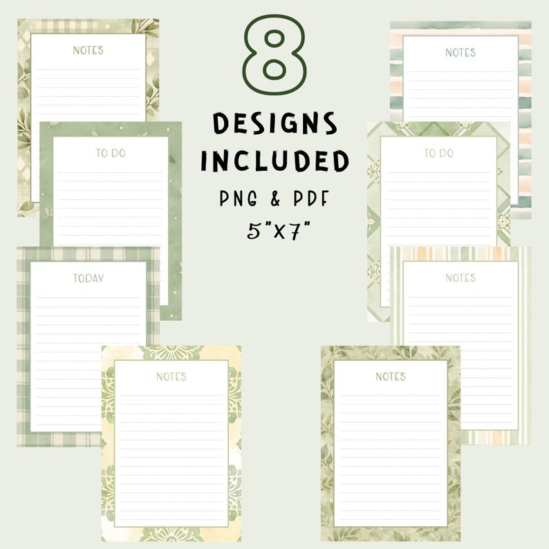 5x7 Note Sheet.pdf Instant Download, 5x7 Inch Printable Notepads, 8 Designs of Dreamy Sage ...