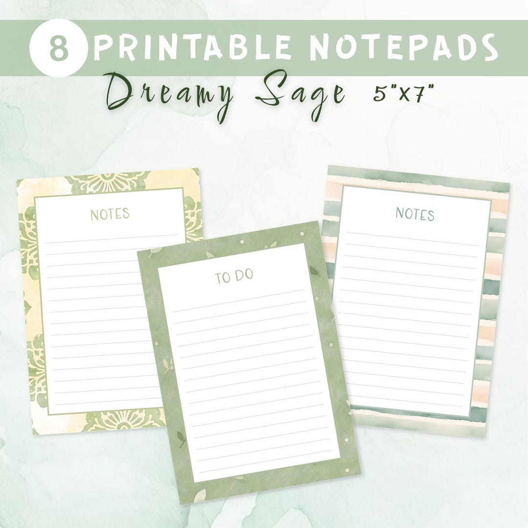 5x7 Note Sheet.pdf Instant Download, 5x7 Inch Printable Notepads, 8 Designs of Dreamy Sage ...