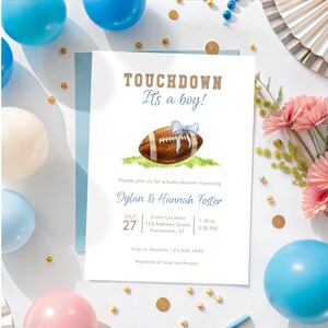 Inbjudan till babyshower med touchdown-motiv, redigerbar i Canva, babyshowerinbjudan med fotbollsmotiv, direkt nedladdning, klar på några minuter