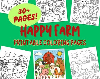 Schattige boerderijdieren kleurplaten, afdrukbare pdf, direct downloaden, kleurplaten koe paard kip eend schuurtractor, 30+ eenvoudige kleurenpagina's