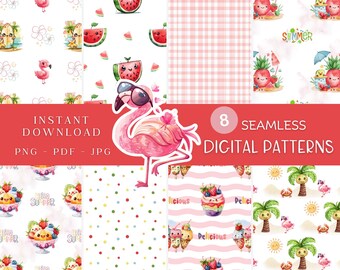 Naadloos kawaii-patroon zomer, digitale download, schattige fruit- en ijstegels, flamingo-strandthema