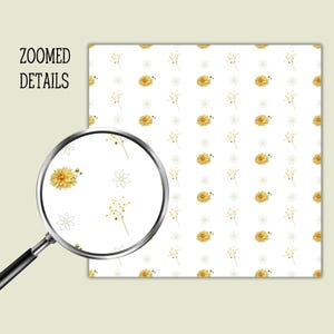 May include: A white background featuring a repeating pattern of yellow flowers and small sprigs. A magnifying glass displays a close-up of the floral design. The text "ZOOMED DETAILS" is in the upper left corner.