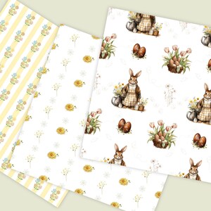 May include: A selection of Easter-themed patterned papers. Designs include yellow striped paper with floral accents, and white paper with bunnies, eggs, flowers, and baskets. The papers are in a watercolour style.