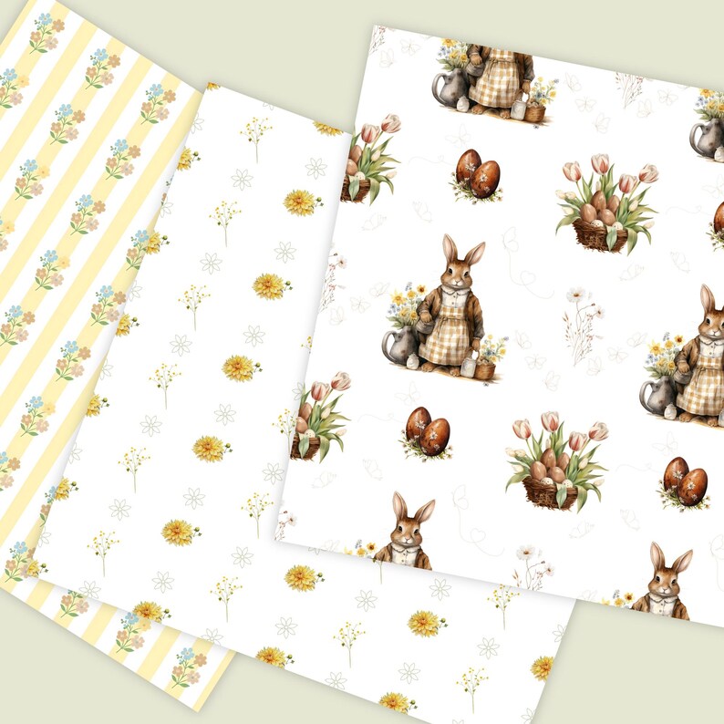 May include: A selection of Easter-themed patterned papers. Designs include yellow striped paper with floral accents, and white paper with bunnies, eggs, flowers, and baskets. The papers are in a watercolour style.