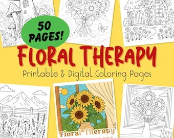 Bundel bloemenkleurplaten, 50 pagina's, afdrukbare bloemmotieven voor ontspanning, pdf direct downloaden, png, jpg, digitale kleurplaten