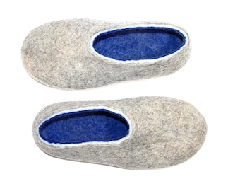 Organic barefoot felted slippers Unisex, Grey Blue natural wool slippers, men house slippers