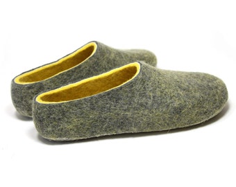 Unisex sheep wool slippers, Grey Yellow, organic slippers non slippery. Warm Christmas gifts for all family