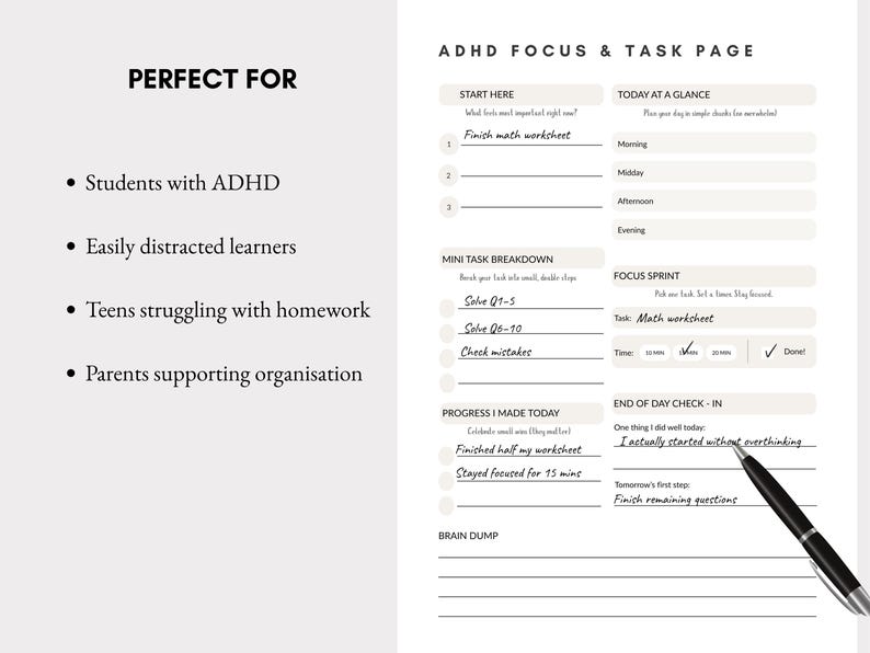 ADHD Assignment Tracker Printable, Student Homework Planner, ADHD Study ...