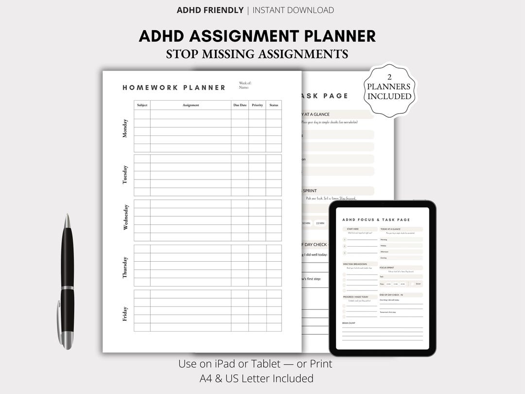 ADHD Assignment Tracker Printable, Student Homework Planner, ADHD Study ...