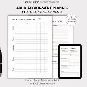 Könnte beinhalten: Ein Hausaufgabenplaner für ADHS mit dem Text "ADHD ASSIGNMENT PLANNER STOP MISSING ASSIGNMENTS". Das Bild zeigt einen Hausaufgabenplaner, eine Aufgaben-Seite und ein Tablet mit einer Fokus- und Aufgaben-Seite. Links ist ein schwarzer Stift zu sehen.
