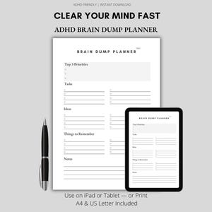 Pode incluir: Um planejador Brain Dump para TDAH em preto e branco, disponível para download instantâneo. A imagem mostra um planejador impresso, um tablet exibindo o planejador e uma caneta. O planejador inclui seções para prioridades, tarefas, ideias e notas.