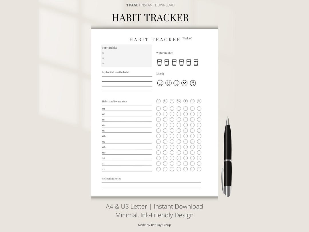 Weekly Habit Tracker Printable | Minimalist Self-care Planner (instant ...