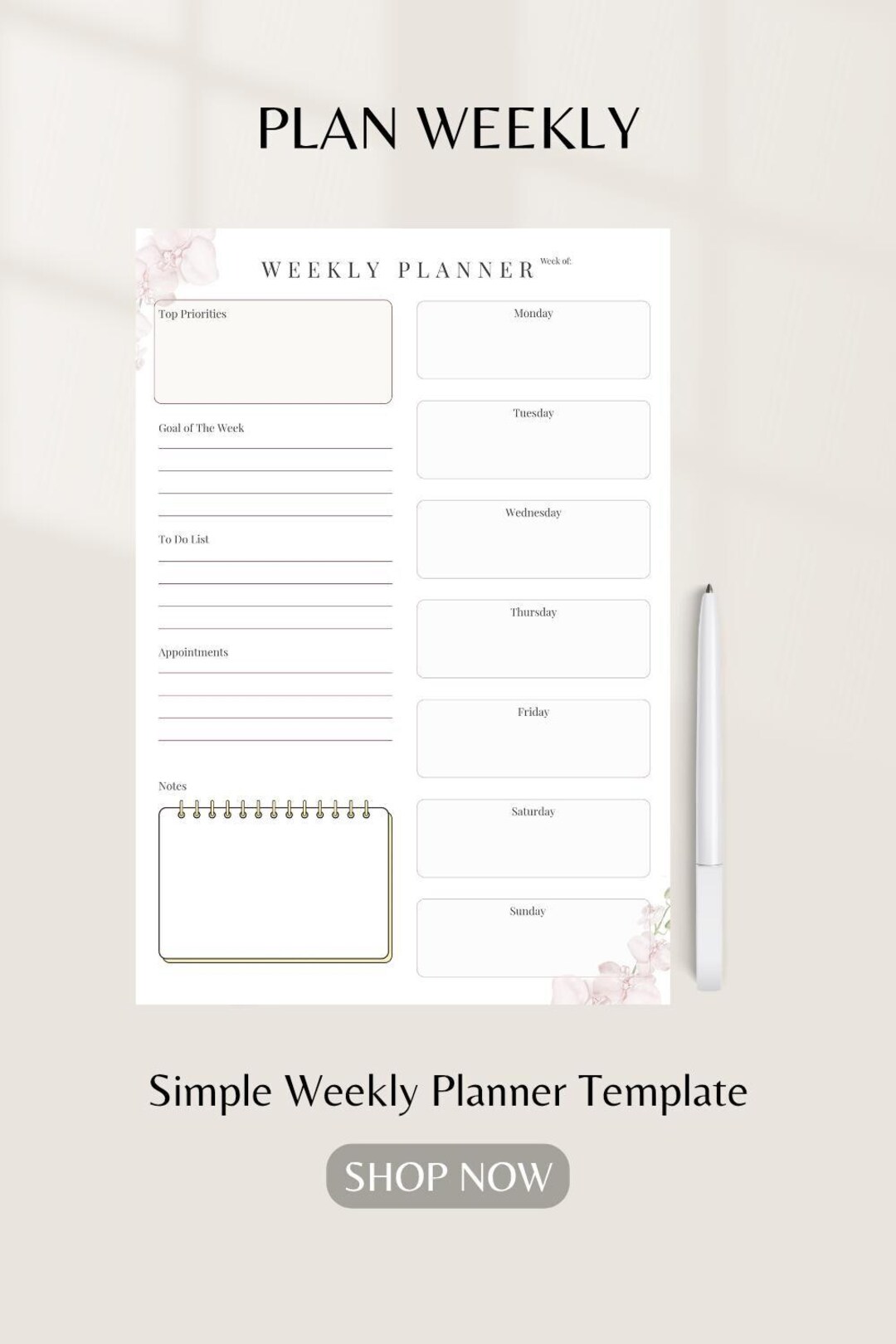 Weekly Planner Printable PDF | Minimal to Do List & Goals Planner ...