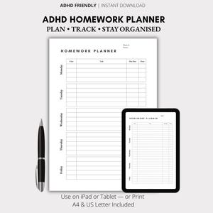 May include: A black and white ADHD homework planner with the text "ADHD HOMEWORK PLANNER PLAN • TRACK • STAY ORGANISED". The planner is shown on paper and a tablet, with a black pen. Includes A4 & US Letter sizes.