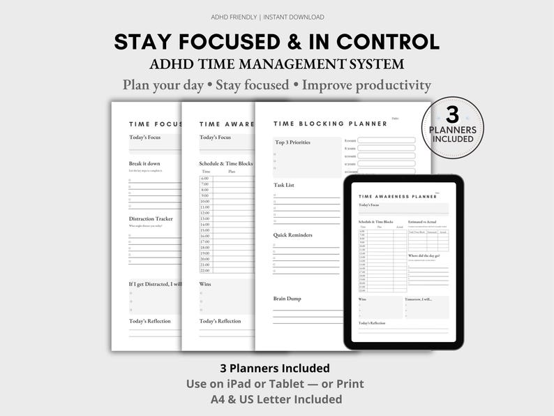 ADHD Time Management Planner Bundle | Focus & Time Blocking Printable ...