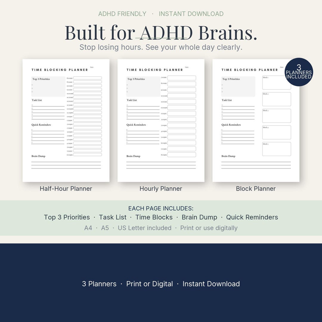 ADHD Time Blocking Planner Printable | Time Blindness Daily Planner ...