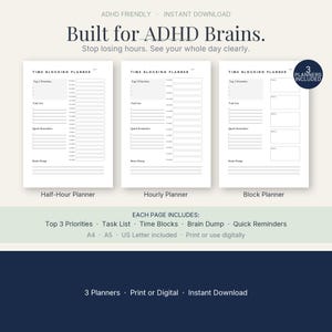 ADHD Time Blocking Planner Printable | Time Blindness Daily Planner | Hourly Half Hour Block Schedule PDF | ADHD Productivity Planner A4 A5